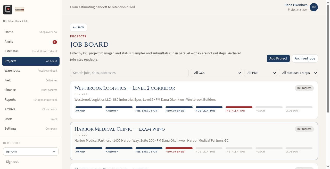 FlooringOps job board with large project names and Add Project